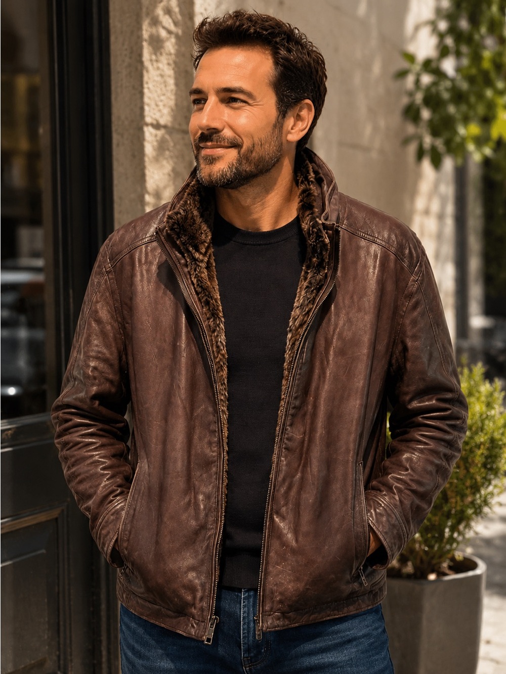 Andrew Marc Rabbit Fur Lined Leather Trim Men’s Large Brown Full Zip Luxury Coat